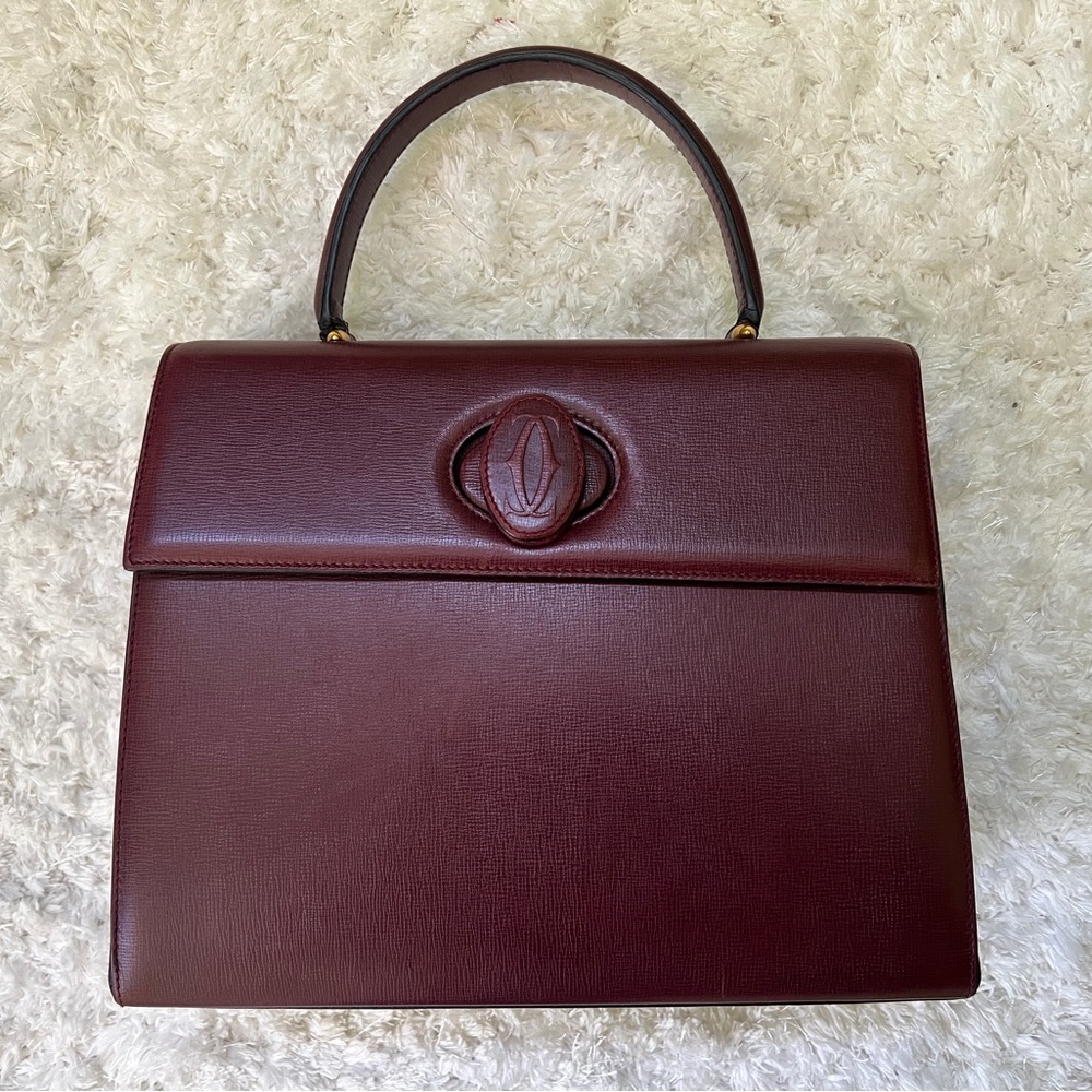 Authentic CARTIER Vintage Mustline Logo Leather Handbag, Bordeaux
